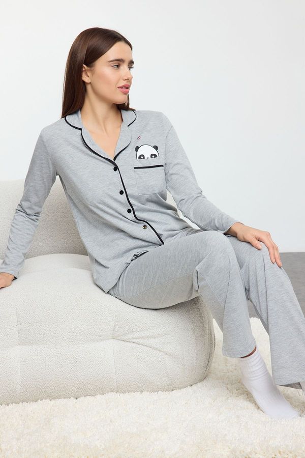 Trendyol Trendyol Grey Melange Cotton Panda Printed Knitted Pajama Set