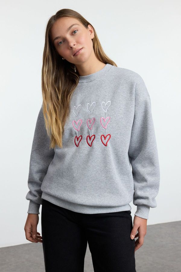 Trendyol Trendyol Grey Melange Heart Embroidered Oversize/Wide Pattern Thick Inside Polar Fleece Knitted Sweatshirt