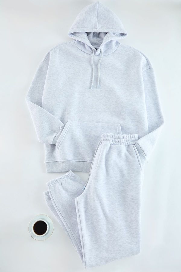 Trendyol Trendyol Grey Melange Oversize/Wide Cut Elastic Leg Basic Fleece Inside Tracksuit