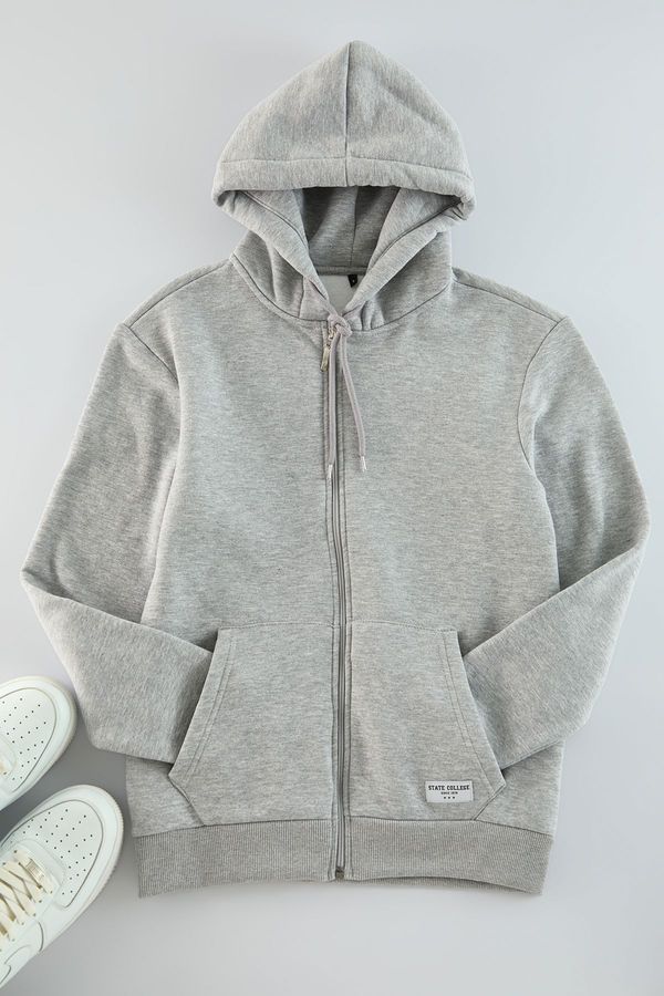 Trendyol Trendyol Grey Melange Regular Fit Hooded Zippered Label Applique Thick Sweatshirt