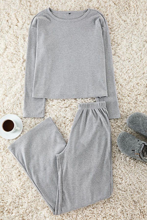 Trendyol Trendyol Grey Melange Ribbed Knitted Pajama Set