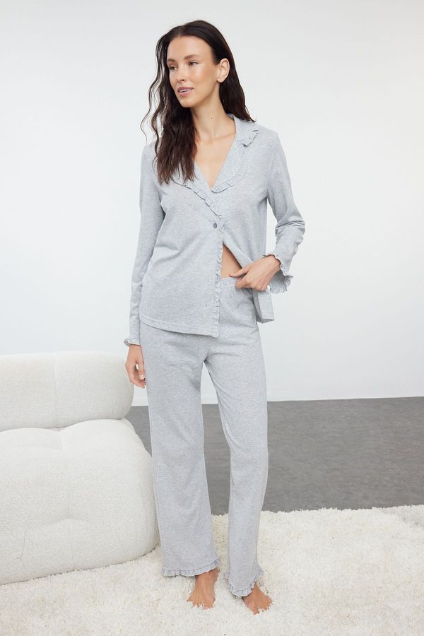 Trendyol Trendyol Grey Melange Ruffle Detailed Knitted Pajama Set