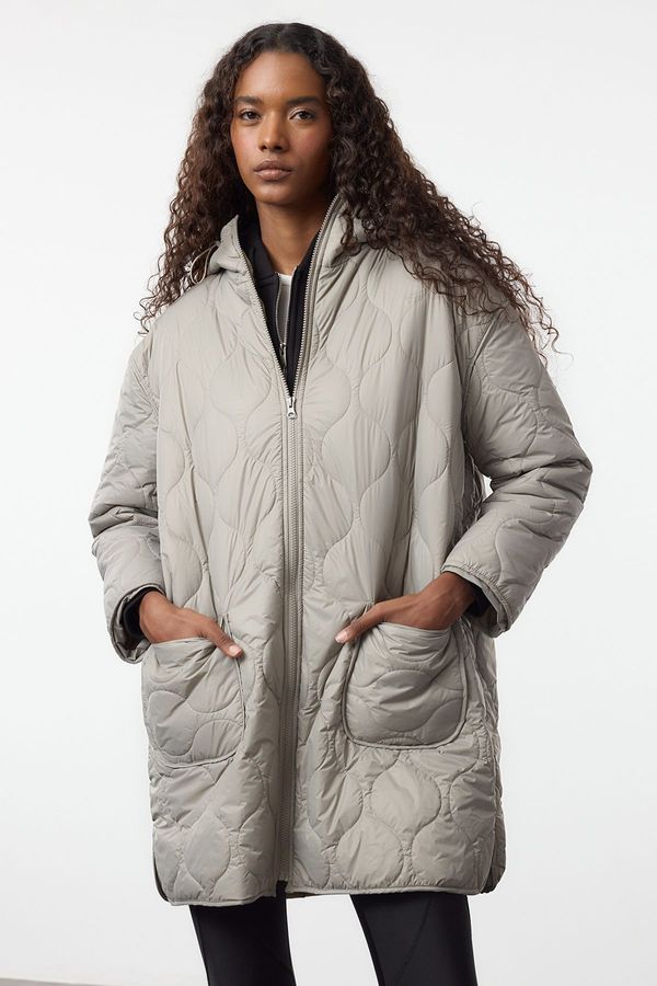 Trendyol Trendyol Grey Oversize Pattern Hooded Quilted Coat