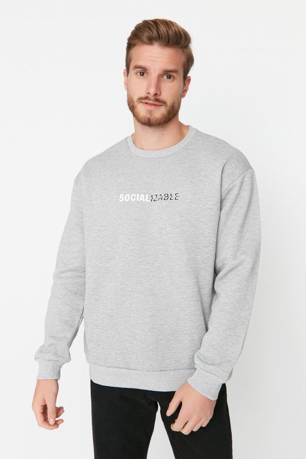 Trendyol Trendyol Grey Oversize/Wide Cut Slogan Printed Sweatshirt