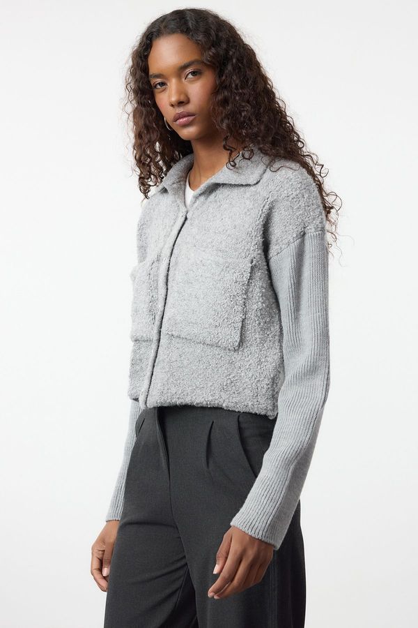 Trendyol Trendyol Grey Oversize/Wide Pattern Boucle Polo Collar Coat-Look Knitwear Cardigan