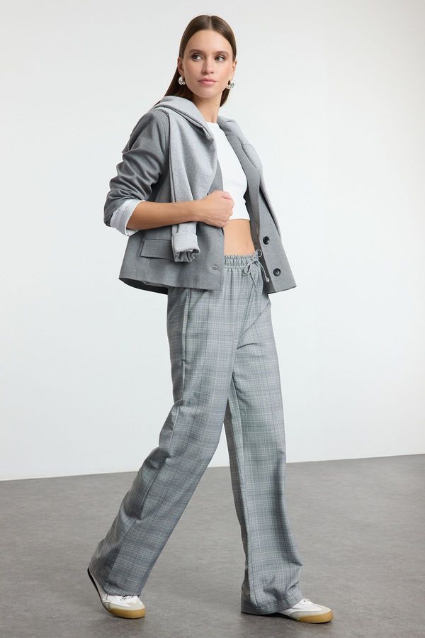 Trendyol Trendyol Grey Plaid Elastic Waist Wide Leg/Wide Leg Woven Trousers