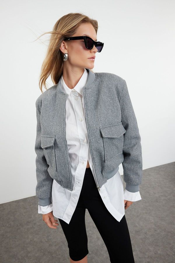 Trendyol Trendyol Grey Regular Pattern Knitted Cashmere Bomber Jacket Coat