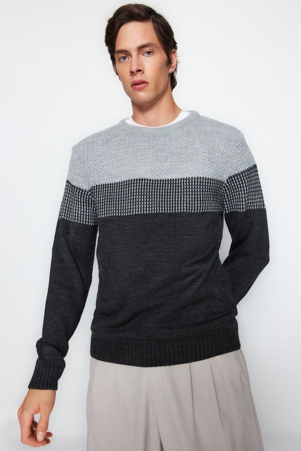 Trendyol Trendyol Grey Slim Fit Slim Fit Crew Neck Color Block Sweater