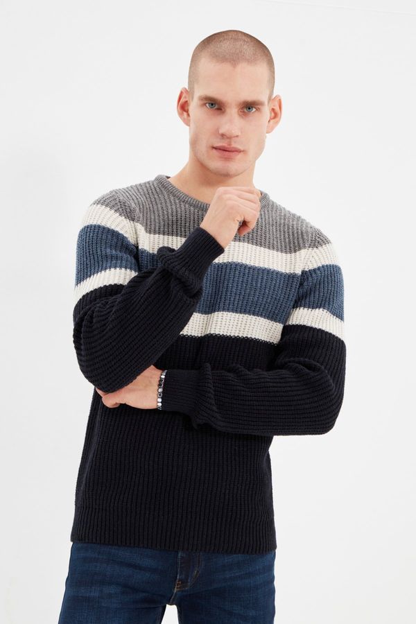 Trendyol Trendyol Grey Slim Fit Wool Crew Neck Panelled Color Block Knitwear Sweater