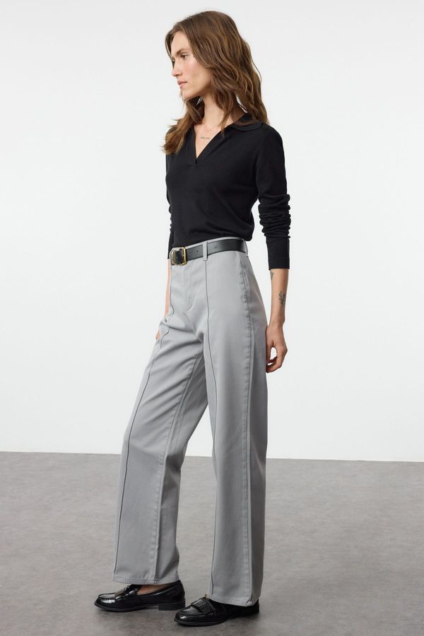 Trendyol Trendyol Grey Stitch Detailed High Waist Wide Leg Trousers