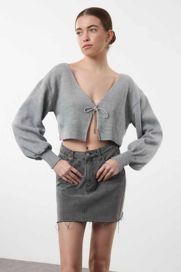 Trendyol Trendyol Grey Super Crop Basic Bow Knit Cardigan