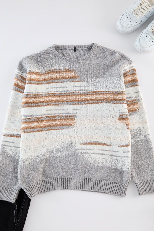 Trendyol Trendyol Grey Unisex Crew Neck Landscape Knitted Sweater