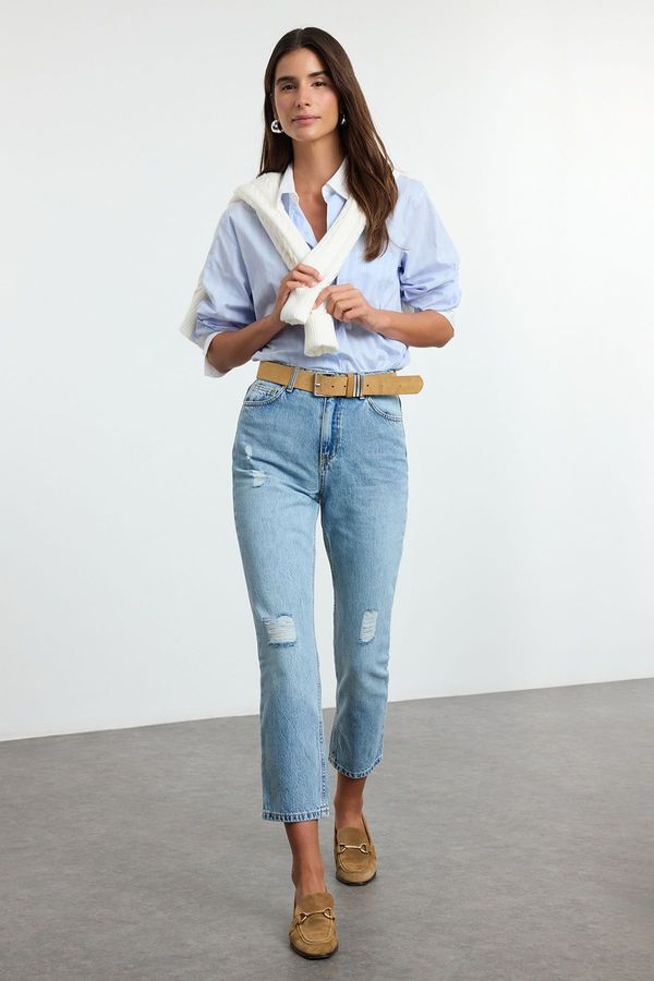 Trendyol Trendyol Ice Blue Ripped Detail High Waist Straight Jeans