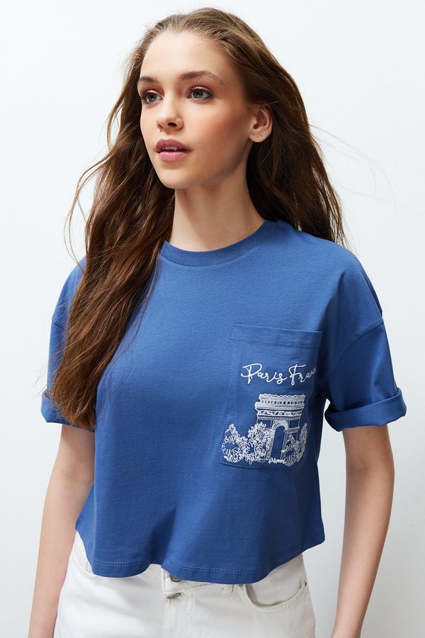 Trendyol Trendyol Indigo 100% Cotton Crop Knitted T-Shirt with Pocket Embroidery Detail