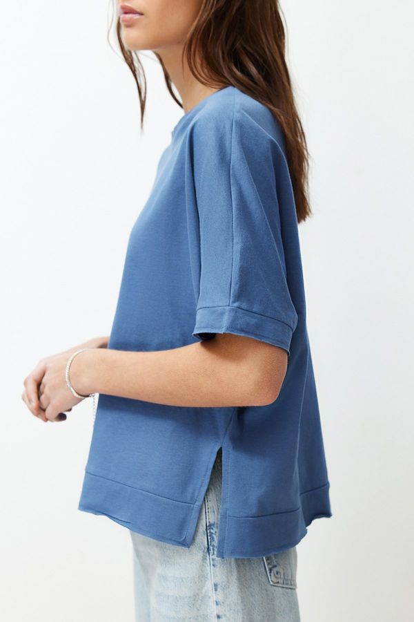 Trendyol Trendyol Indigo 100% Cotton Slit and Slit Detailed Oversize/Relaxed Cut Knitted T-Shirt