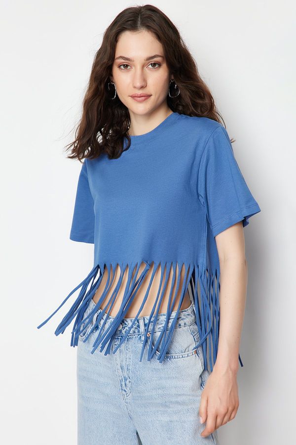 Trendyol Trendyol Indigo 100% Cotton Tassel Detailed Knitted T-Shirt