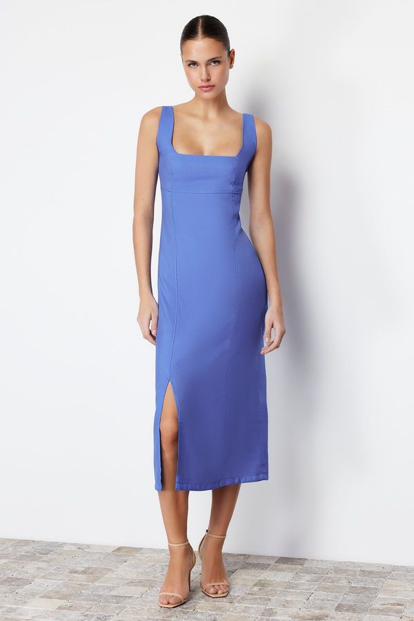 Trendyol Trendyol Indigo A-line Square Collar Slit Strap Midi Woven Dress