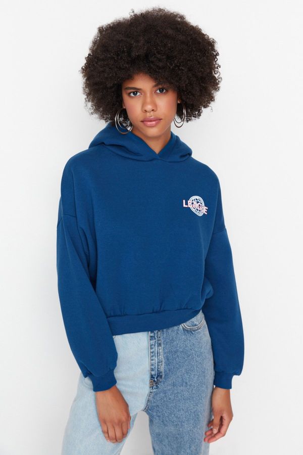 Trendyol Trendyol Indigo Back Print Detailed Hooded Thick Fleece Knitted Sweatshirt