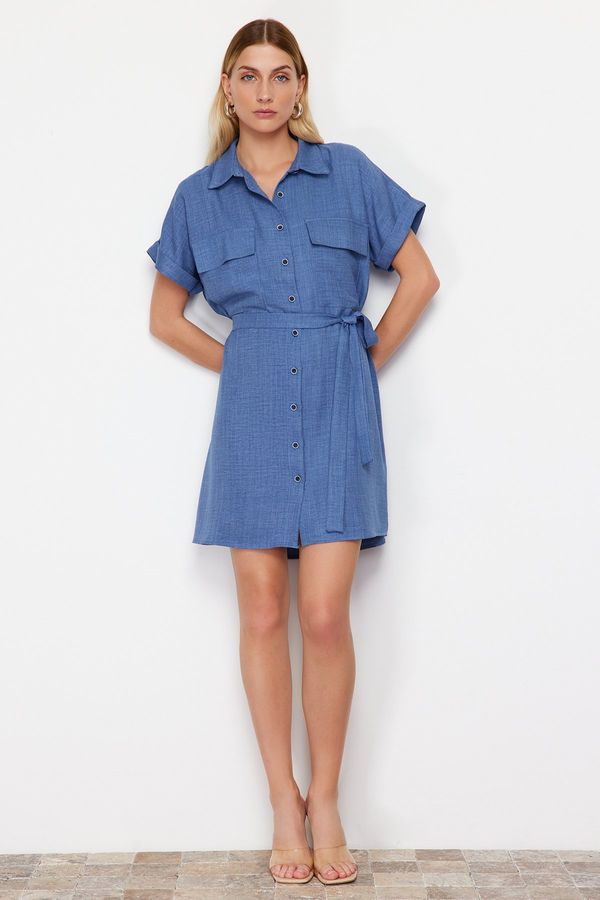 Trendyol Trendyol Indigo Belted Pocket Detailed Mini Woven Shirt Dress