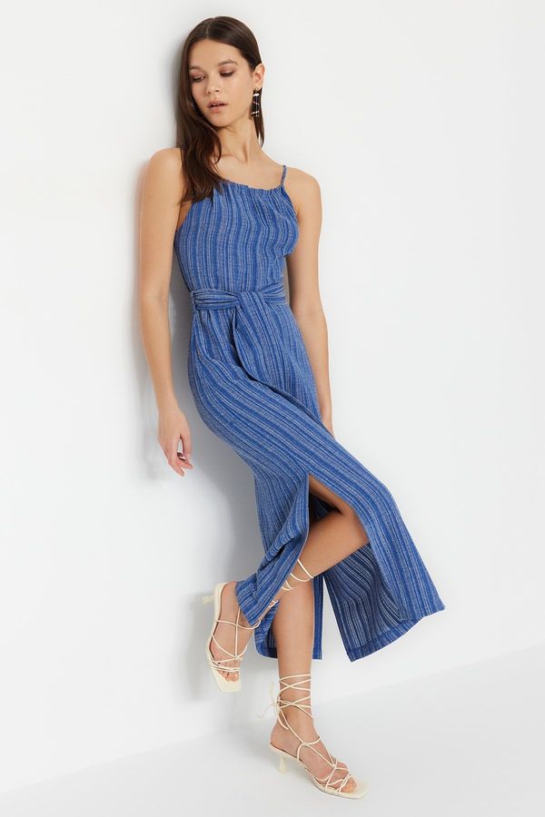 Trendyol Trendyol Indigo Belted Slit Detail Shift/Straight Cut Midi Woven Dress