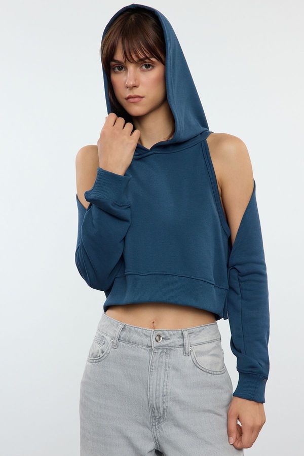 Trendyol Trendyol Indigo Bolero Detailed Hooded Regular/Normal Fit Crop/Short Knitted Sweatshirt