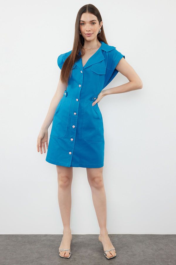 Trendyol Trendyol Indigo Button Detailed Gabardine Mini Woven Shirt Dress