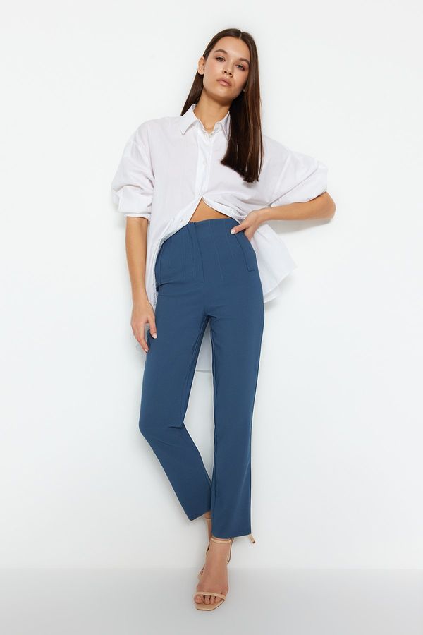 Trendyol Trendyol Indigo Cigarette Fit Darted High Waist Ankle-Length Woven Trousers