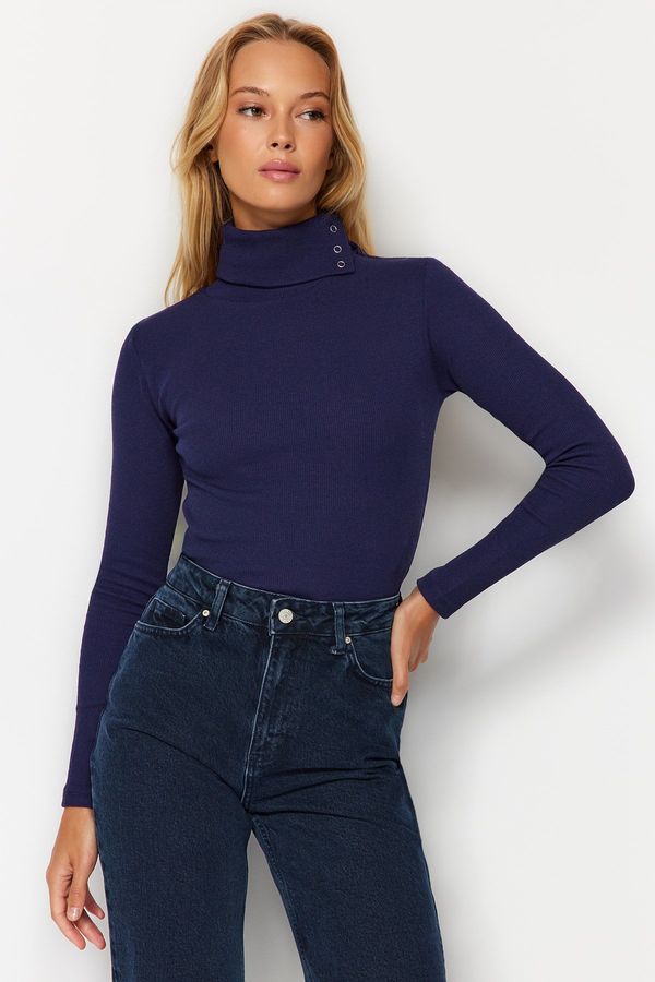 Trendyol Trendyol Indigo Corduroy Asymmetrical Collar Detail Fitted/Slip-On Knitted Blouse