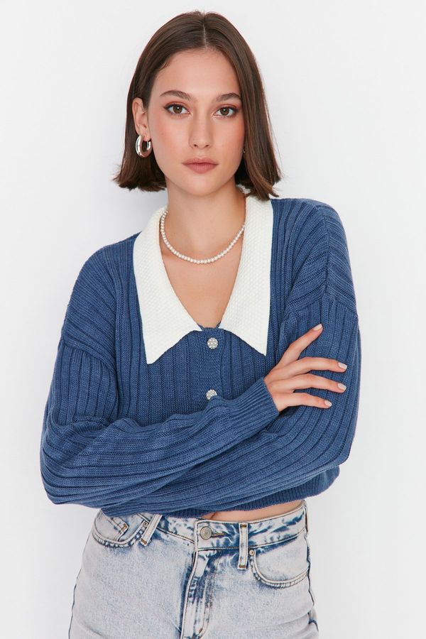 Trendyol Trendyol Indigo Crop Corduroy Sweater Cardigan