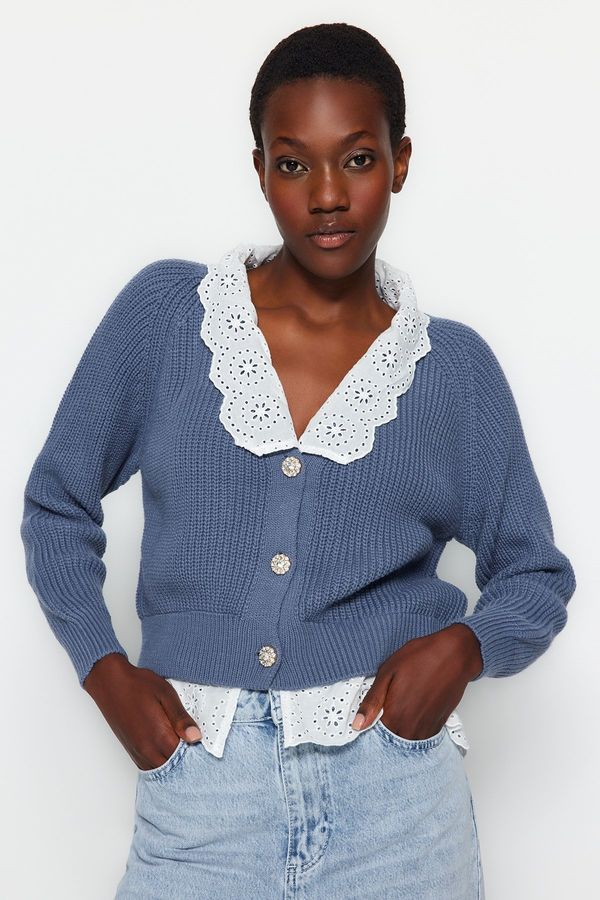 Trendyol Trendyol Indigo Crop Woven Garni Detailed V Neck Knitwear Cardigan