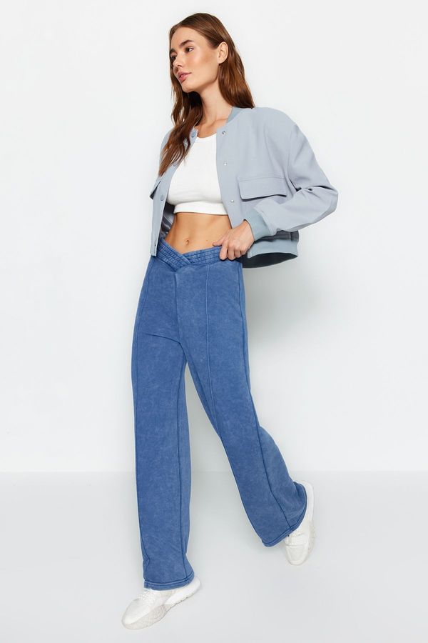 Trendyol Trendyol Indigo Faded Effect Thick Wide Leg/Wide Legs Waist Detail Knit Knit Sweatpants