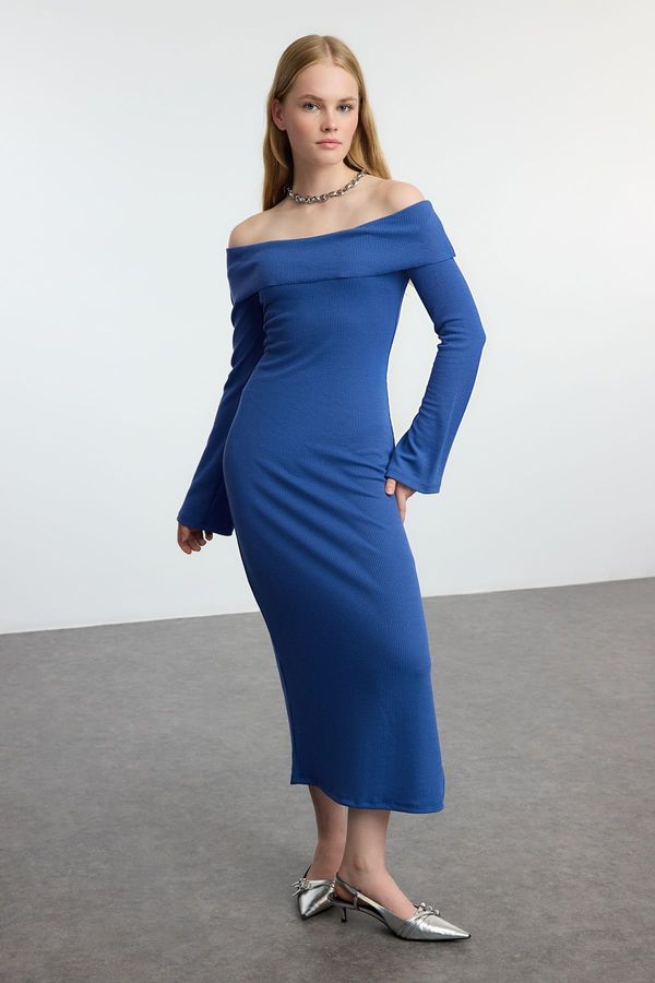 Trendyol Trendyol Indigo Fitted Carmen Neck Soft Textured Midi Stretch Knitted Pencil Dress