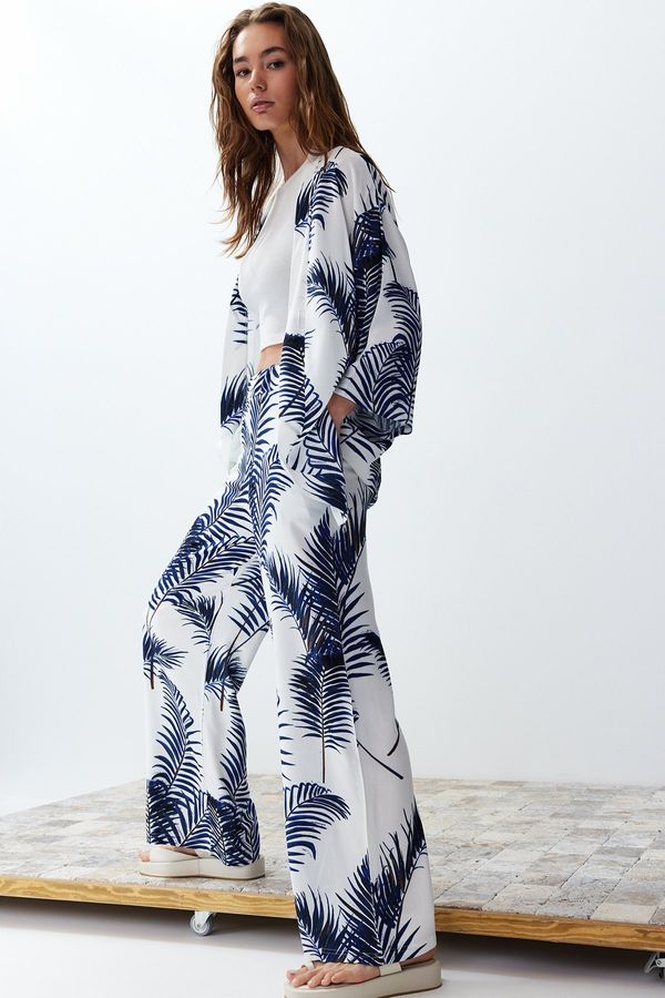 Trendyol Trendyol Indigo Flower Palm Patterned Kimono Woven Bottom-Top Set