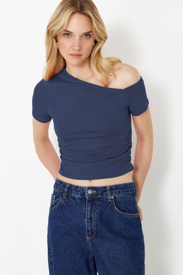 Trendyol Trendyol Indigo Gathered Asymmetrical Neckline Stretchy Knitted Blouse