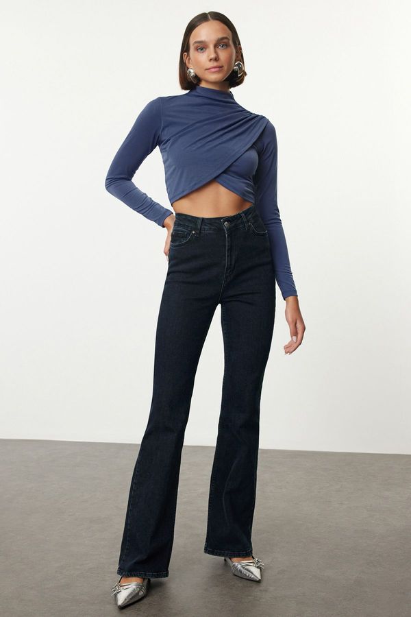 Trendyol Trendyol Indigo High Collar Draped Crop Blouse