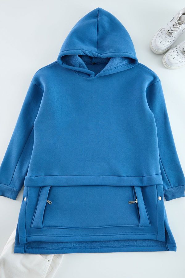 Trendyol Trendyol Indigo Hooded Pocket Detailed Knitted Sweatshirt