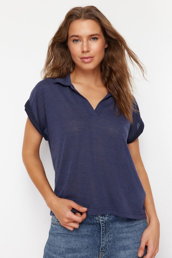 Trendyol Trendyol Indigo Linen Look Regular/Normal Fit Polo Neck Short Sleeve T-shirt