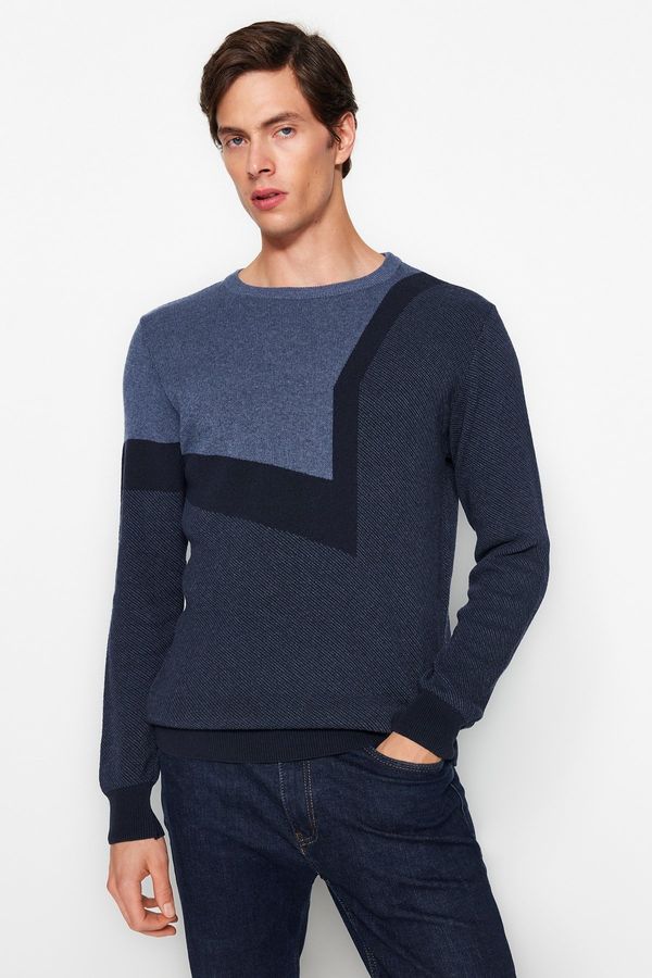 Trendyol Trendyol Indigo Men's Slim Fit Crew Neck Color Block Knitwear Sweater