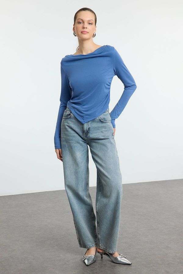 Trendyol Trendyol Indigo Modal Fabric Cowl Collar Draped Padded Asymmetric Knitted Blouse