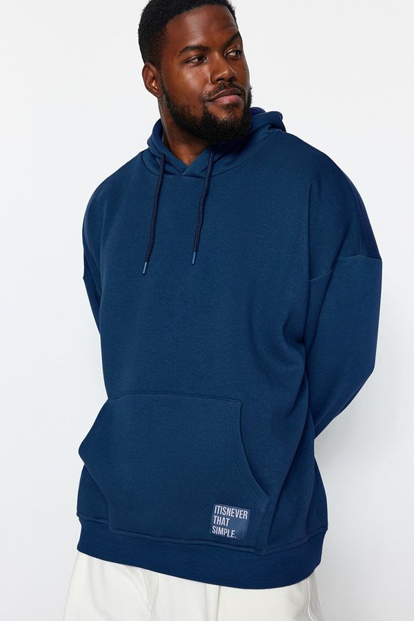 Trendyol Trendyol Indigo muška plus veličina Basic Comfortable Hooded Labeled Fleece Cotton Sweatshirt