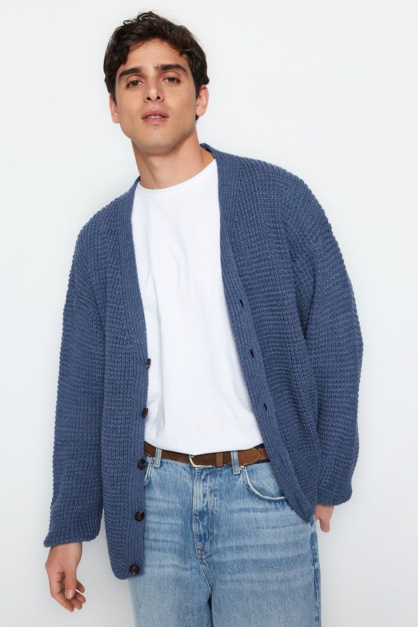 Trendyol Trendyol Indigo Oversize Fit Wide Fit V-Neck Textured Cardigan