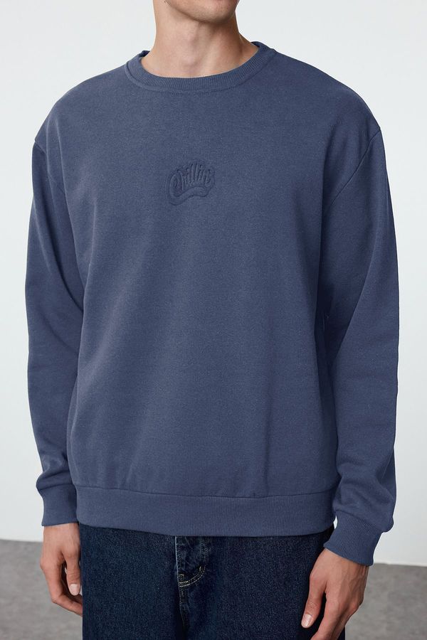 Trendyol Trendyol Indigo Oversize/Wide Cut Embossed Text Printed Inside Polar Fleece Sweatshirt