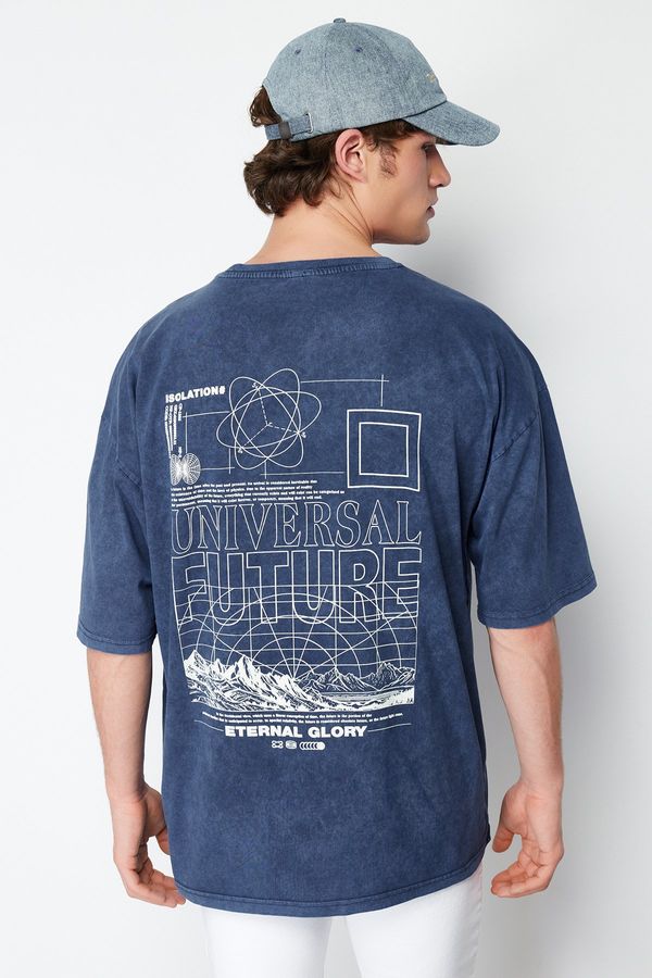 Trendyol Trendyol Indigo Oversize/Wide Cut Faded Effect Text Printed 100% Cotton T-Shirt