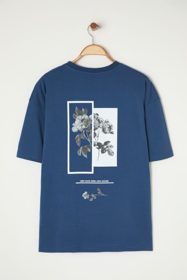 Trendyol Trendyol Indigo Oversize/Wide Cut Floral Printed Short Sleeve 100% Cotton T-Shirt