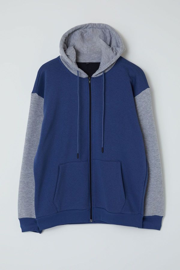 Trendyol Trendyol Indigo Oversize/Wide Cut Hooded Color Block Fleece Inside/Warm Zippered Cardigan/Sweatshirt