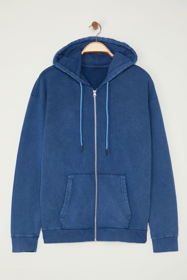 Trendyol Trendyol Indigo Oversize/Wide Cut Hooded Vintage/Faded Effect Basic Zipper Cardigan/Sweatshirt