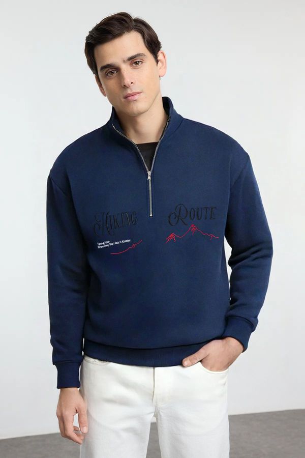 Trendyol Trendyol Indigo Oversize/Wide Cut Text Embroidered Polar Fleece Inside Stand Collar Zippered Sweatshirt