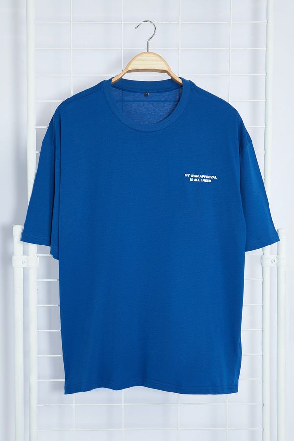 Trendyol Trendyol Indigo Oversize/Wide Cut Text Printed Short Sleeve 100% Cotton T-Shirt