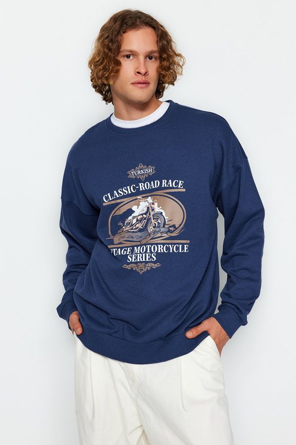 Trendyol Trendyol Indigo Oversize/Wide-Fit Motorcycle Printed Fleece Inner Sweatshirt