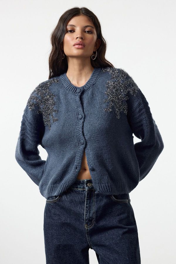 Trendyol Trendyol Indigo Oversize/Wide Pattern Soft Texture Shiny Glitter Embroidered Knitwear Cardigan